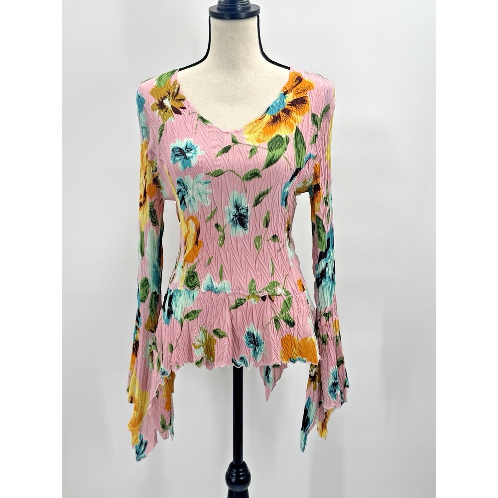 Y2K Fairy Top Womens Medium Pink Floral Asymmetrical Dramatic Flare Sleeve Boho